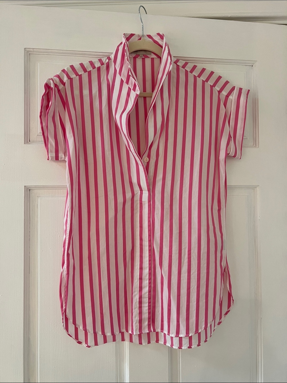 Sarah Alexandra Pink and White Striped Short Sleeve Button Shirt